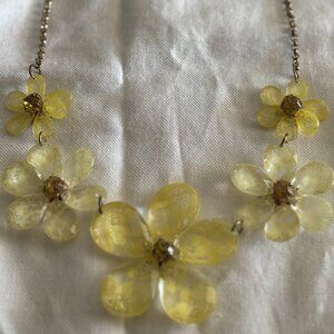Yellow Acrylic Flower Statement Necklace – Layered Petals, Crystal Centers, Gold